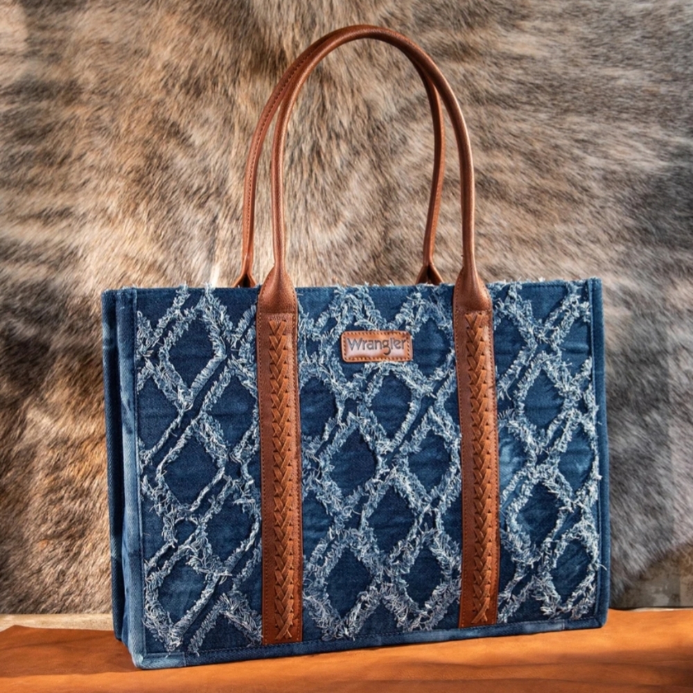 Wrangler Frayed Fringe Wide Denim Tote Bag